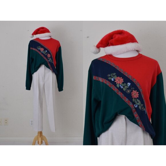 Vintage 80s Red and Green Christmas Sweatshirt - Picture 1 of 10